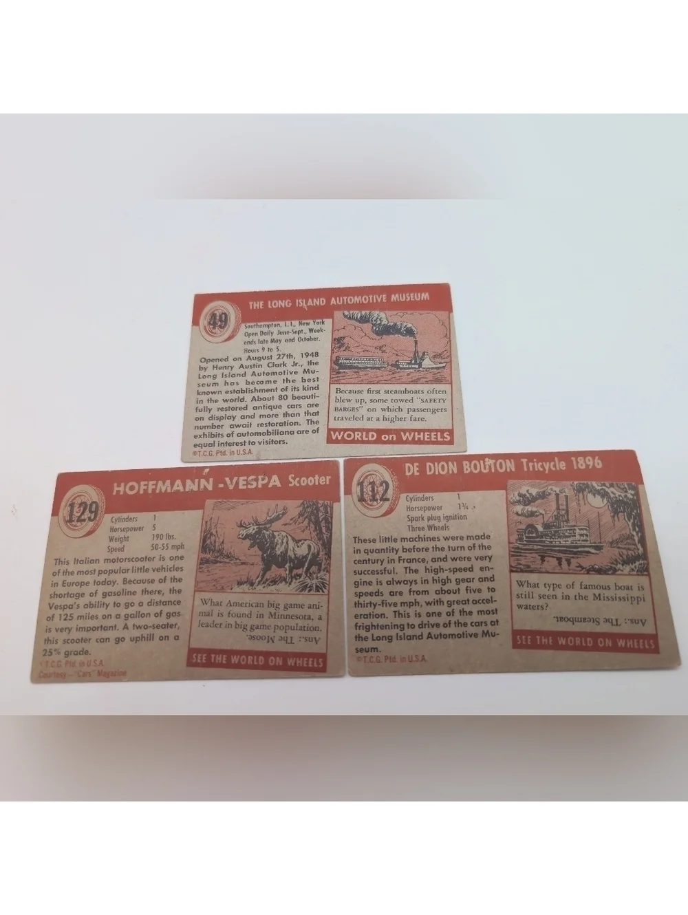 1954 Topps Card Set 3 Long Island Car Museum, Vespa, De Dion Bouton Trike